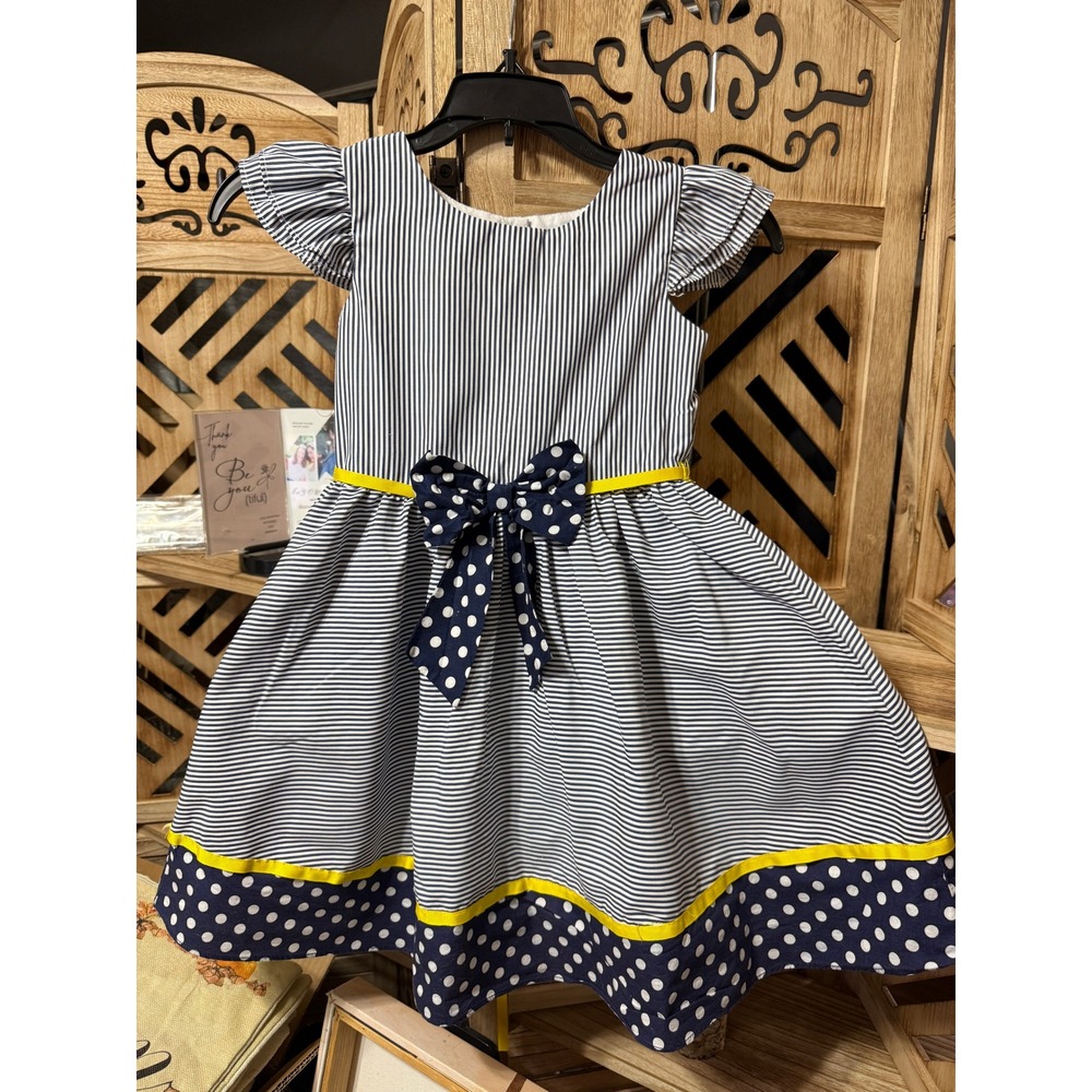 Rare Edition Navy White Striped‎ Dress Polka Dot Hem Yellow Trim